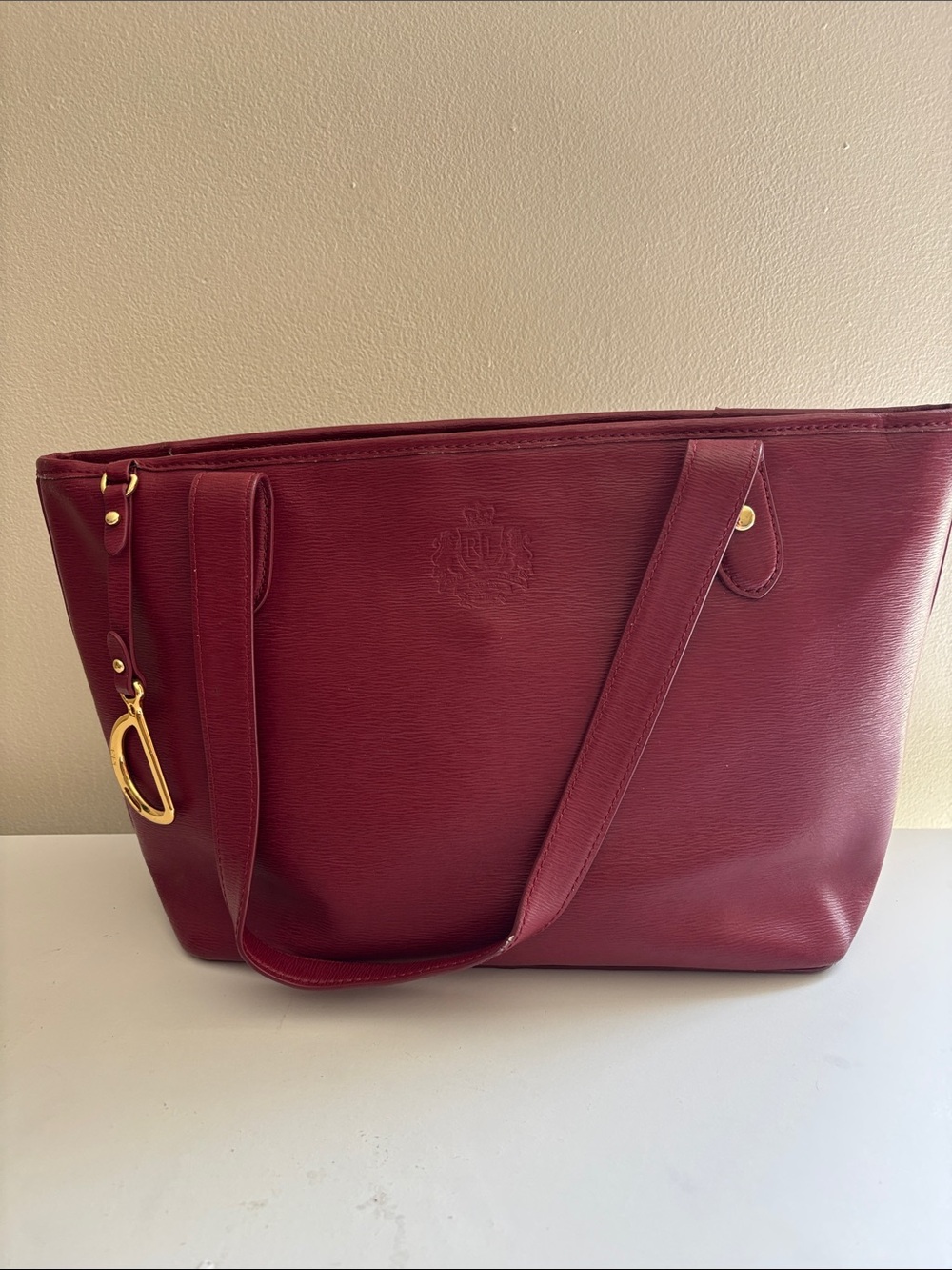 Lauren Ralph Lauren Burgundy Leather Tote with Gold Accent